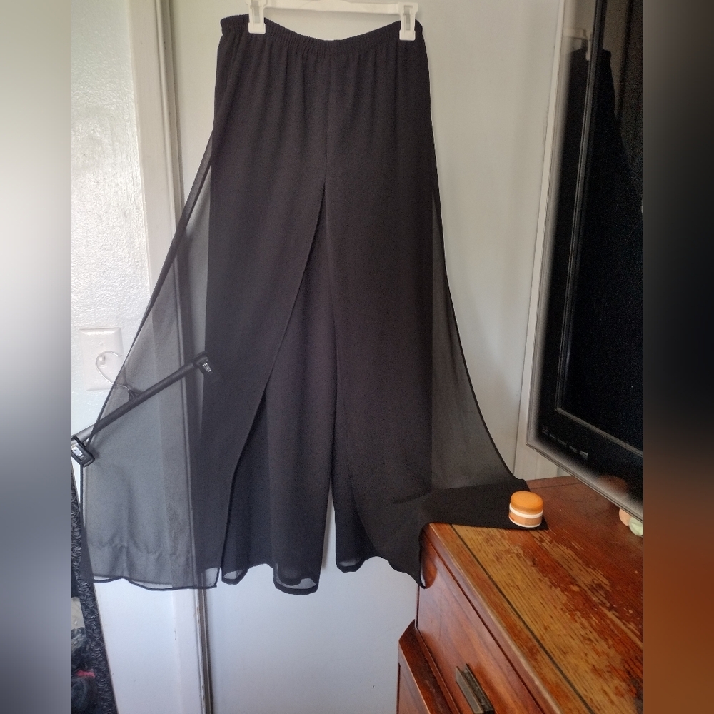 Woman's Black Pants Skirt Slit Wide Legs